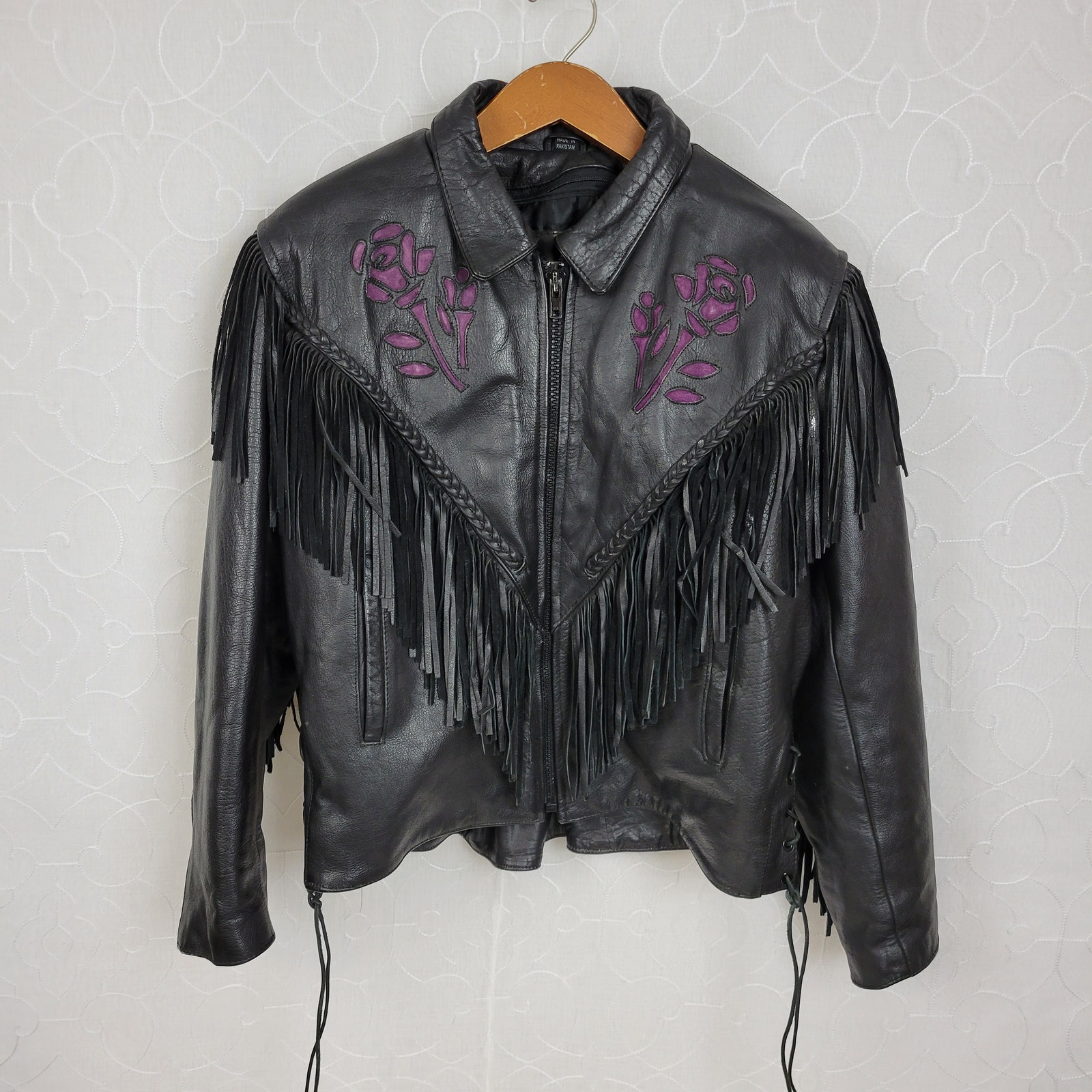 Daytona Joe Womens Moto Jacket Size Xxl Black Purple Rose Zip Front Fringe